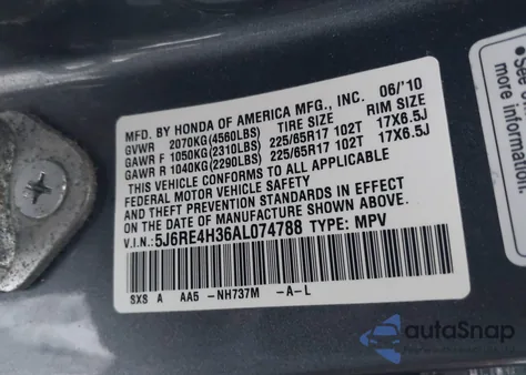 2010 Honda Cr-V Lx z USA, uszkodzony, nr VIN 5J6RE4H36AL074788